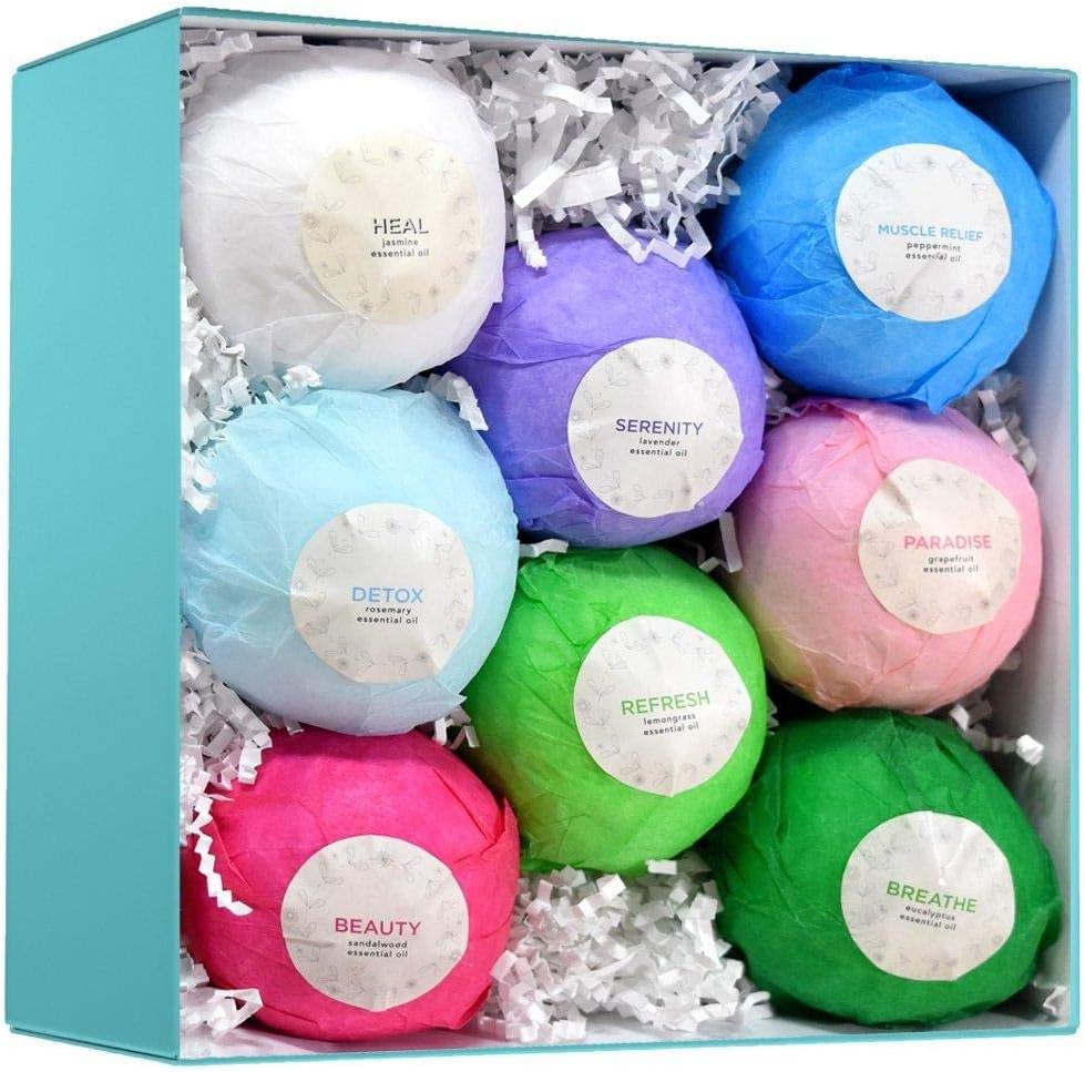 8 Bath Bomb Gift Set - Huge All Natural Assorted Essential Oil Bath Bombs - Infused with Essential Oils, Jojoba Oil, and Olive Oil for deep Moisturizing - Great Gift
