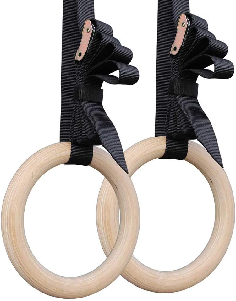 JZFUKSP Wooden Gym Rings with Adjustable Suspension Straps - Gymnastic Rings for Gym, Cross Training, Strength Training, Pull Ups and Dips, 28mm