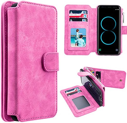 TENET Galaxy S8 Plus Leather Magnetic Case [Detachable Feature] Premium Protective Folio Zipper Wallet Case with Built-in 14 Credit Card Slots Protector for Samsung Galaxy S8 Plus (HOT PINK)