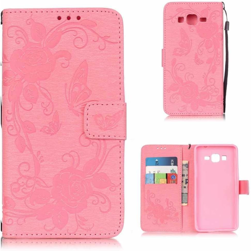 KKEIKO® Galaxy Grand Prime Case [Free Tempered Glass Screen Protector], Flip Leather Case for Samsung Galaxy Grand Prime, Vintage Embossing Galaxy Grand Prime Wallet Cover Case (Pink)