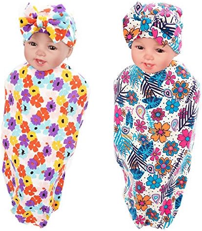 YallFF Newborn Swaddle Cocoon, Baby Girl Receiving Blanket, Swaddle Blanket&amp;Hat (2PACK)