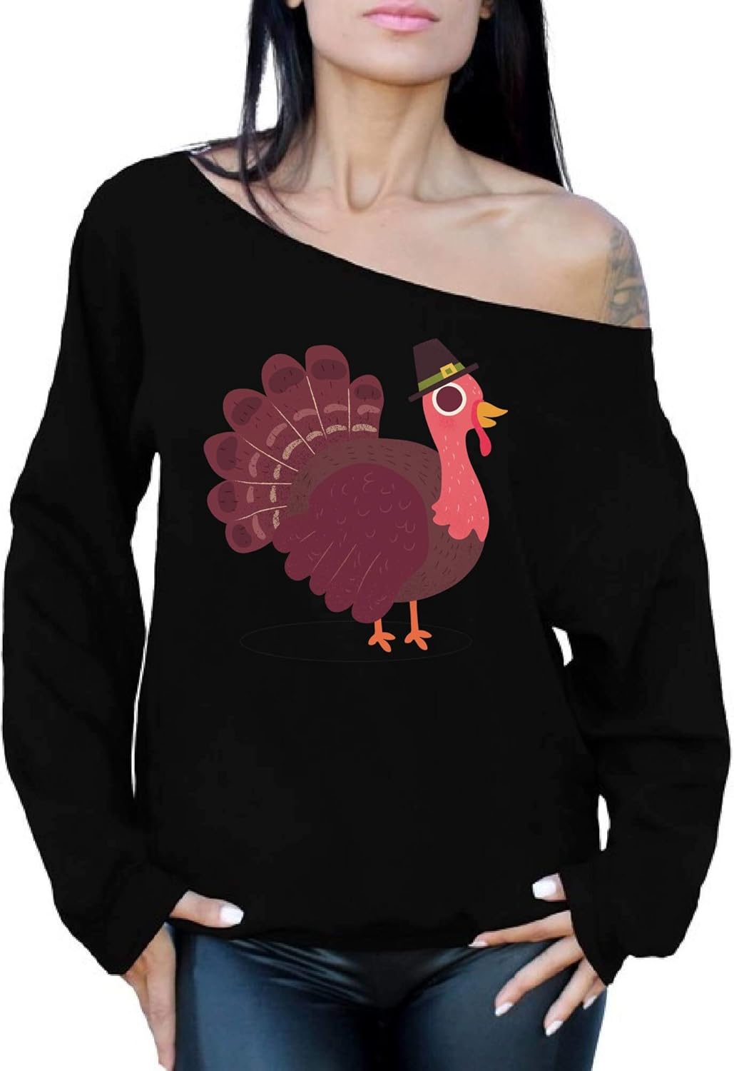 Turkey With Hat Off The Shoulder Thanksgiving Sweater Sweatshirt For