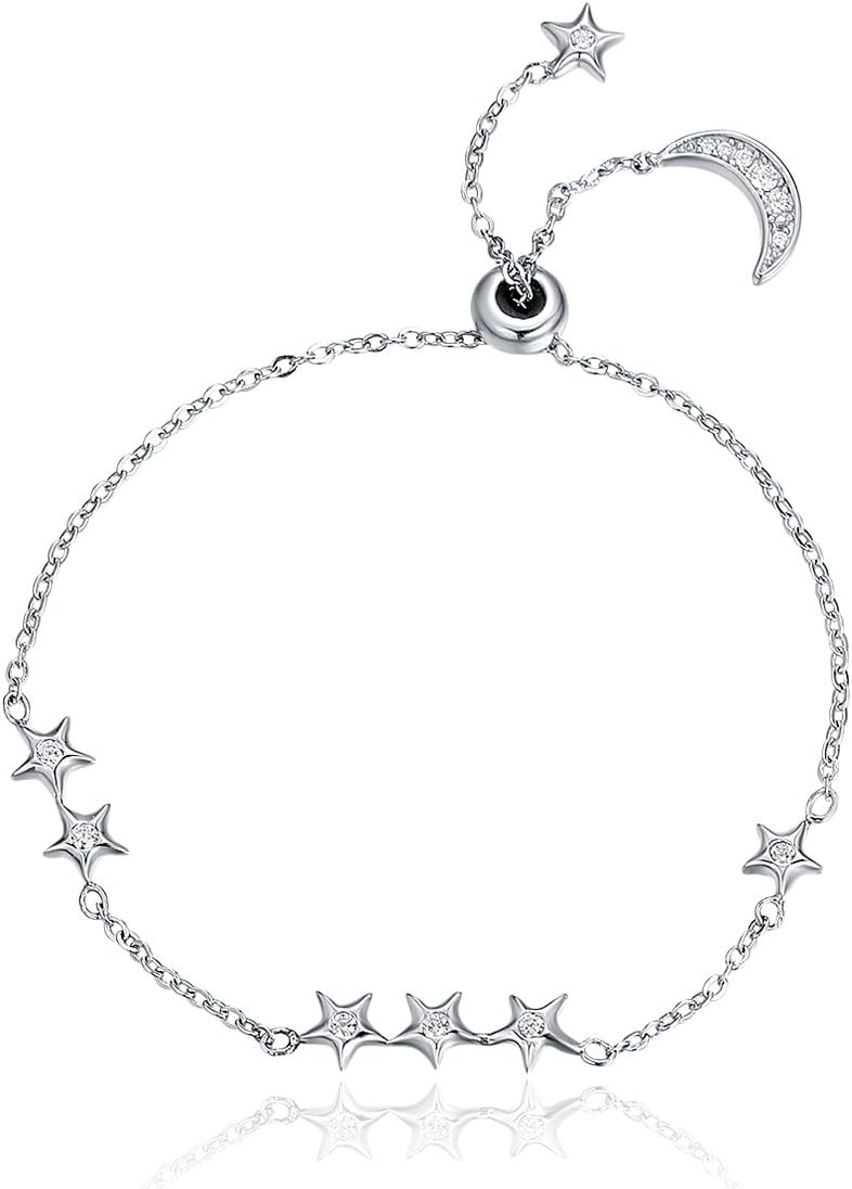 925 Sterling Silver Sweet Whisper of Moon & Star Clear CZ Link Bracelet Luxury Silver Jewelry
