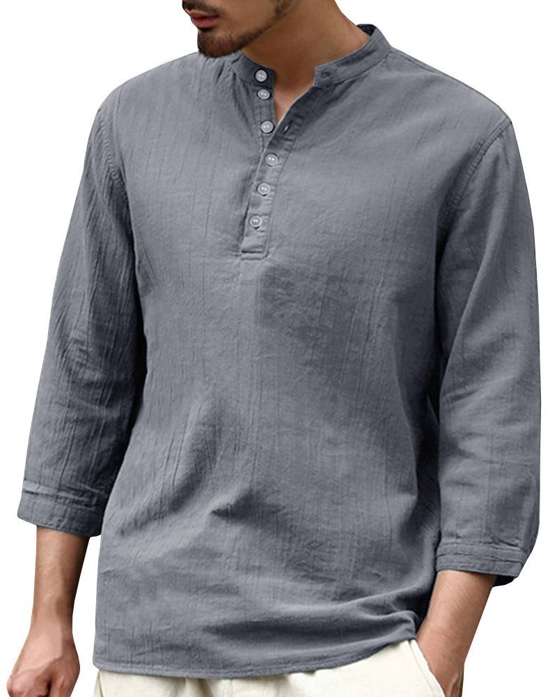 Mens Long Sleeve Henley Shirt Cotton 