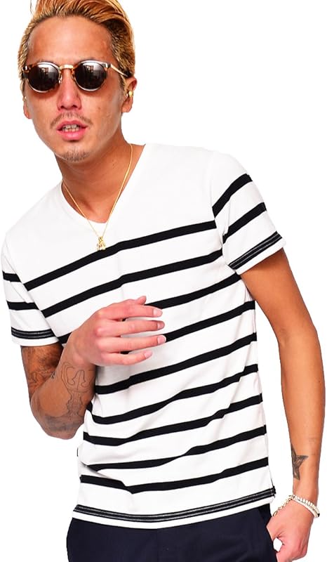 Amazon ビーノ Beno Vネック Tシャツ メンズ ボーダー 半袖tシャツ パネルボーダー マリン Tシャツ カットソー 通販