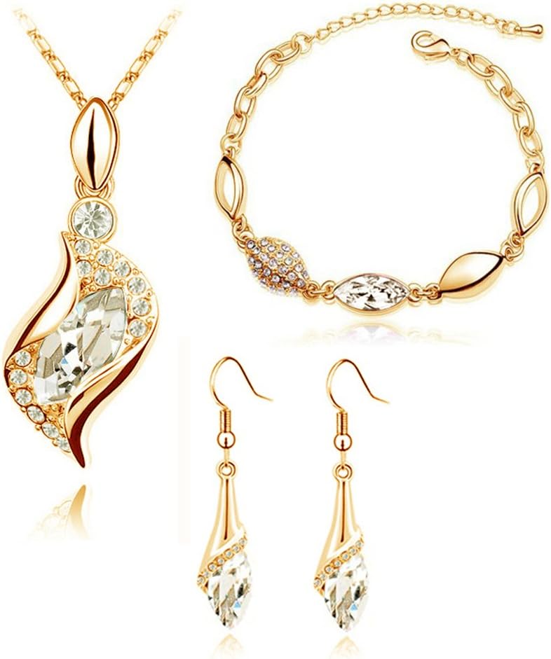 Diamante Bridal Jewellery Set White & Gold Drop Earrings Necklace, Bracelet