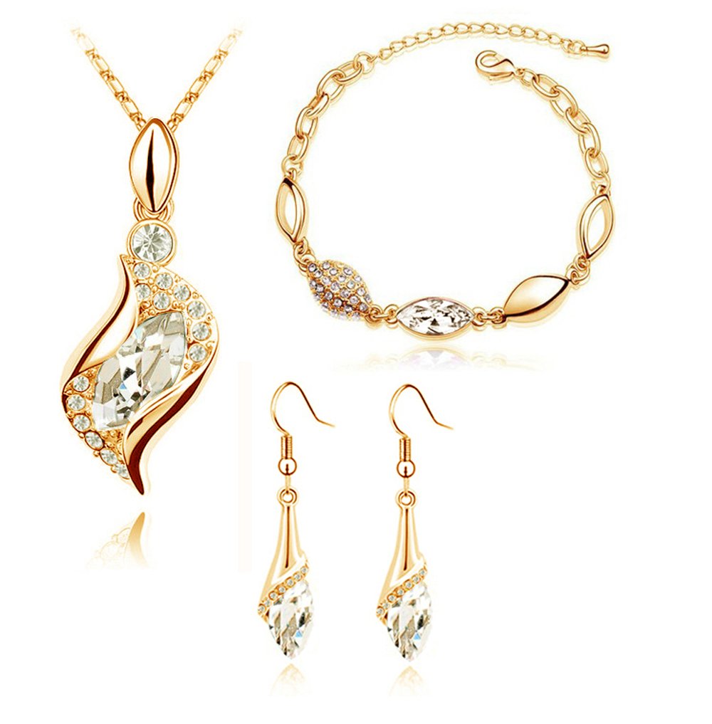 Diamante Bridal Jewellery Set White & Gold Drop Earrings Necklace, Bracelet