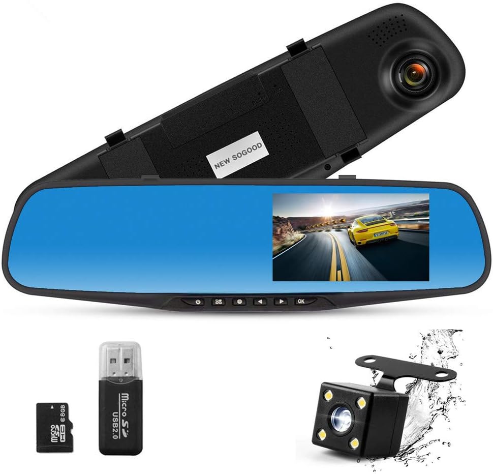 IBITION 4.3 Inch Dual Lens Car Camera, Dash Cam Car Recorder with 170° Wide Angle Lens, HD 1080P Driving Recorder with Parking Monitor, G-Sensor & Motion Detection(Include 8G Micro SD Card)