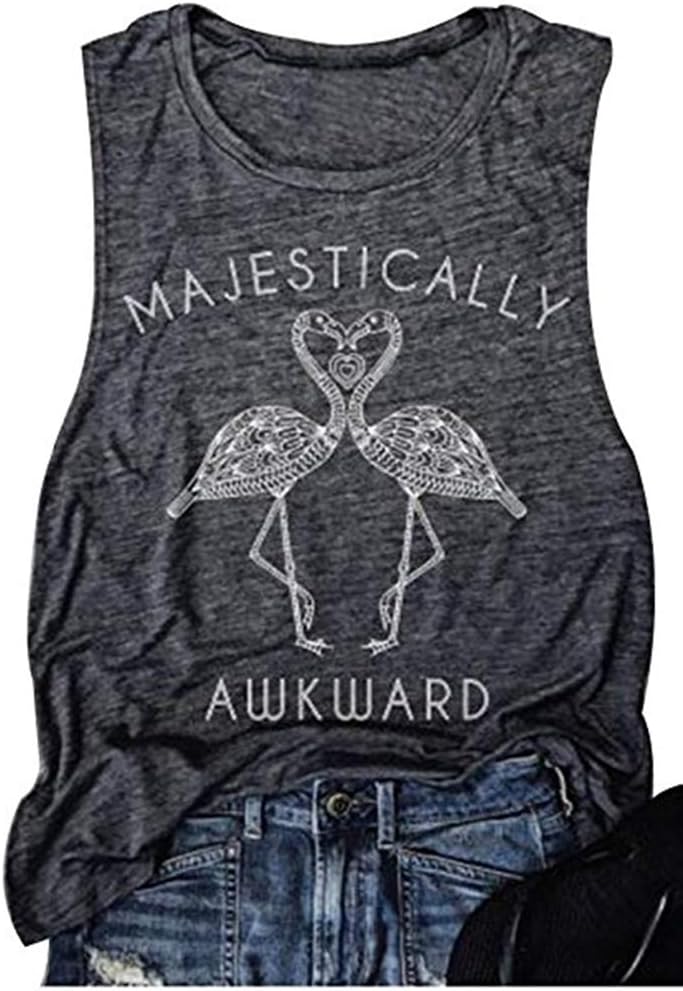 Women Majestically Flamingo Tank Top Funny Words Sleeveless Cami Shirt (Dark Gray, XL)