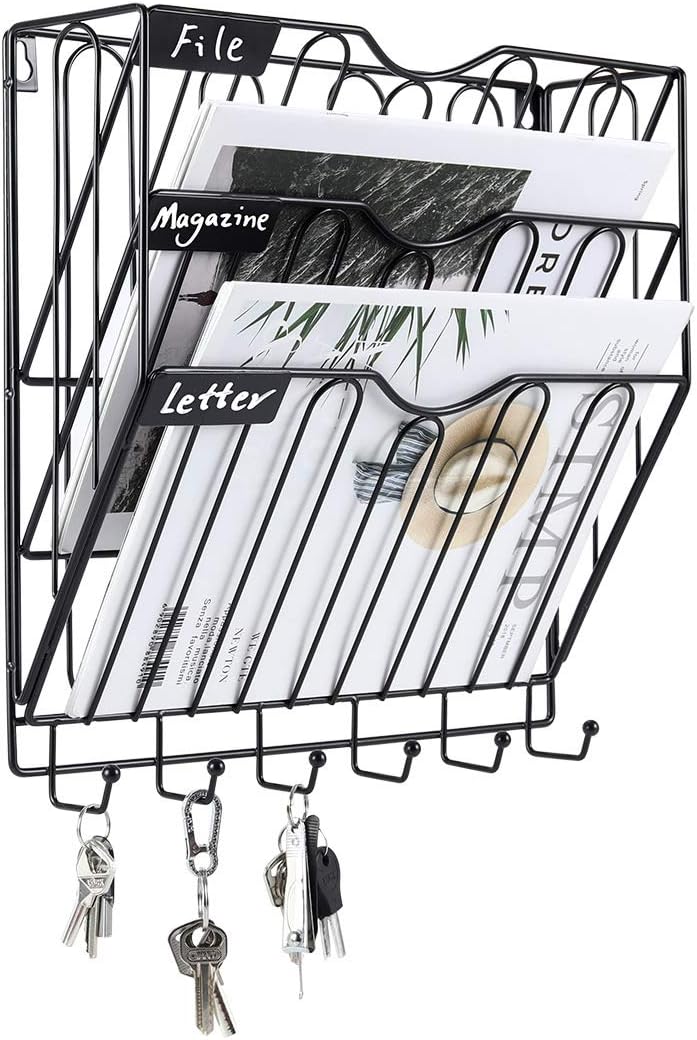 Wall File Holder Superbpag Hanging Mail Sorter Organizer 3-Tier Metal Wall Mount Magazine Literature Rack with Key Holder, Black : Office Products
