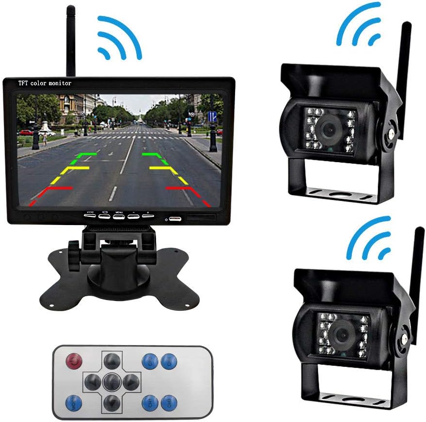 Wireless 24V Vehicle 2 x Backup Cameras, Front/Rear Parking Assistance System IR Night Vision Waterproof Rearview Camera + 7" Monitor for RV Truck Trailer Bus