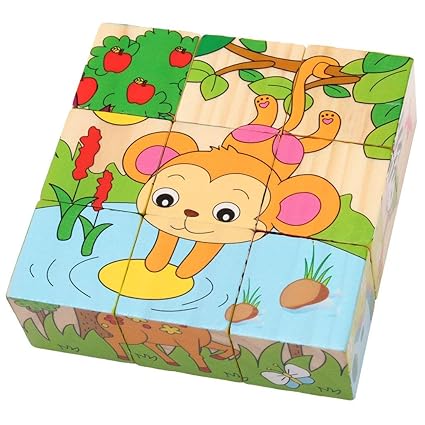 Trinkets & More - 3D 6 Face Animal Block Puzzle | 6 in 1 Wooden Cube Jigsaw Toys | 9 Pieces Early Education Boys Girls 3+ Years (Zoo Animals)