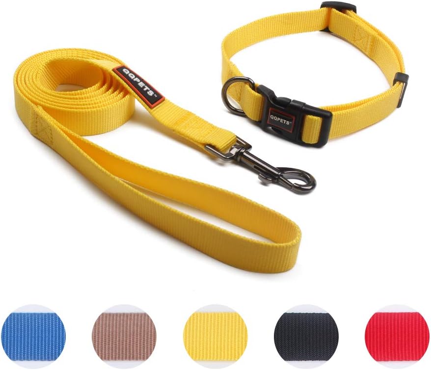 QQPETS Puppy Collar and Leash Set Dog Collars for Small Medium Big Dogs, Adjustable Collars Matching Heavy Duty Leashes Daily Walking (S, Yellow)