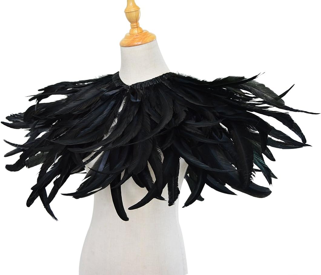 L'VOW Black Feather Shrug Cape Shawl Collar Halloween Costumes for Women (Black-004): Clothing
