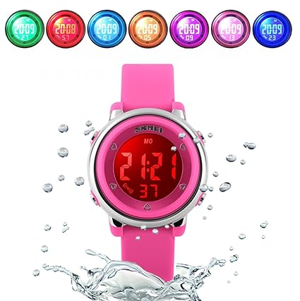 (TM) Children Digital Watch Kids Boy Girls LED Alarm Stopwatch Waterproof Wristwatches(Rose)