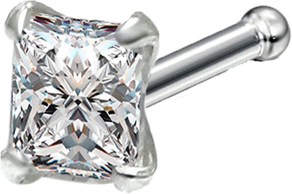 92.5 Sterling Silver Exquisite Square Solitaire Nosepin with CZ Stone NR00001