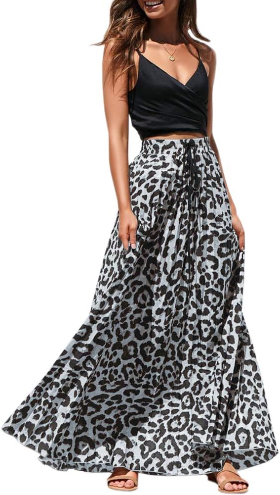 Valphsio Womens Leopard Maxi Skirt Boho Pleated Drawstring High Waist Flowy Long Skirt