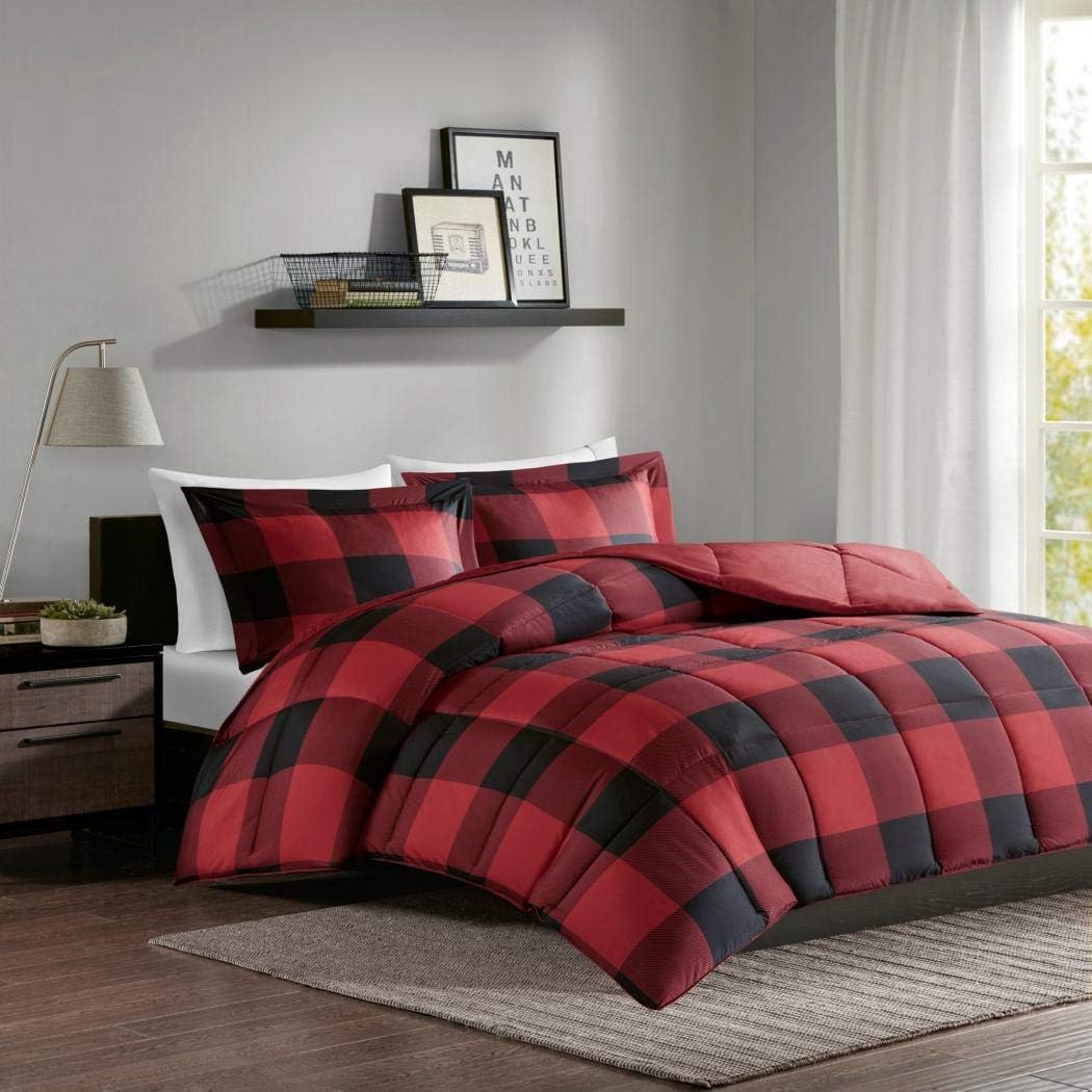 MPN 3 Piece Black Red Plaid Comforter Full Queen Set, Cabin Themed Bedding Lumberjack Pattern Squares Lodge Rustic Cottage Tartan Checkered Checked Lightweight, Microfiber