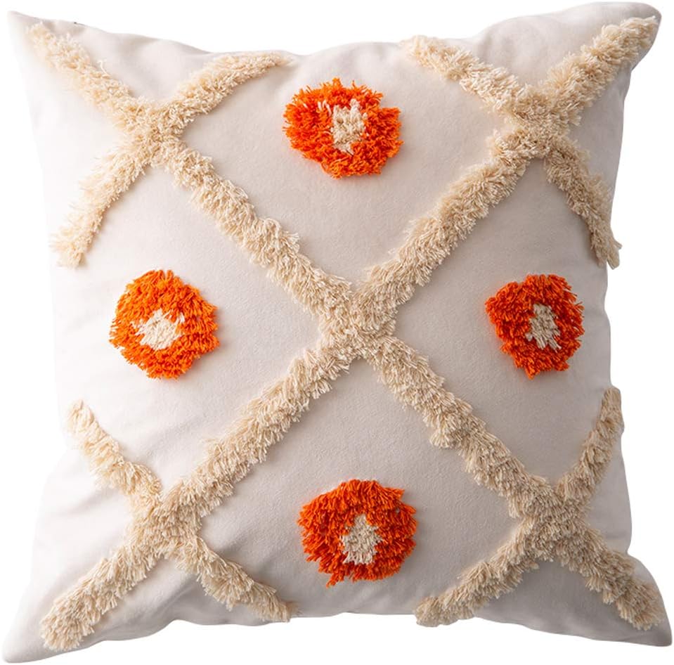 vctops Boho Geometric Decorative Throw Pillow Cover Morocco Tufted Pillow Case Farmhouse Square Cushion Cover for Car Sofa Couch Bed (Diamond C, 18x18 inches)