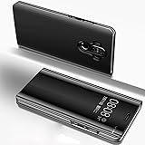 Uposao Case for Huawei Mate 9 Pro, Mirror Flip Case for Huawei Mate 9 Pro, Luxury Mirror Smart Clear View Hard Back Case Cover Electroplating Technology [Stand Function] Ultra Thin PC PU Leather Book Style Case for Huawei Mate 9 Pro + 1 x Black Stylus Pen,Mirror Black