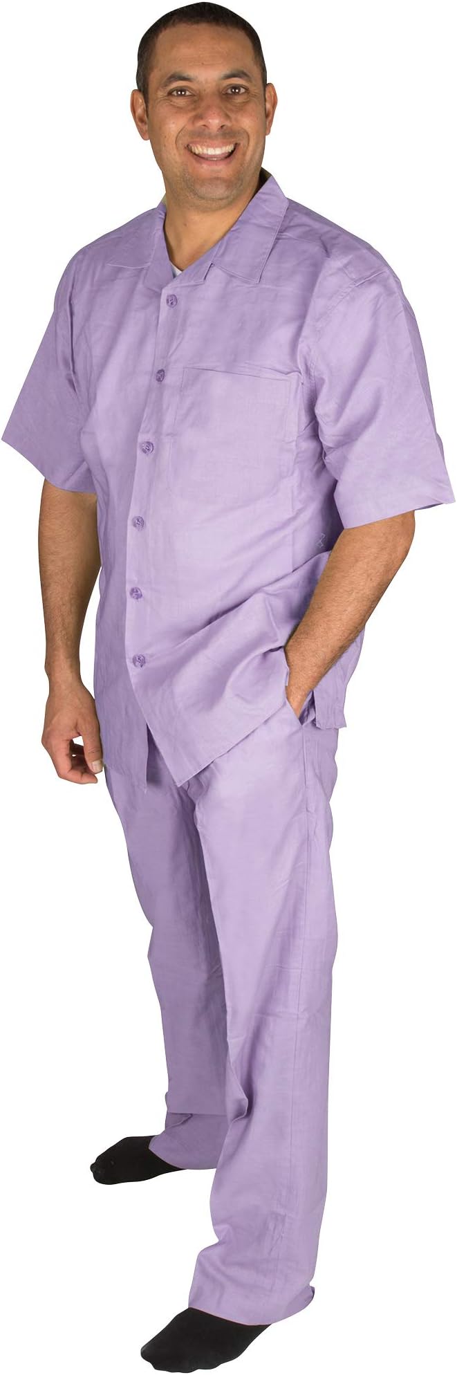 Vittorino Men's 100% Linen 2 Piece Walking Set with Long Pants and Short Sleeve Shirt
