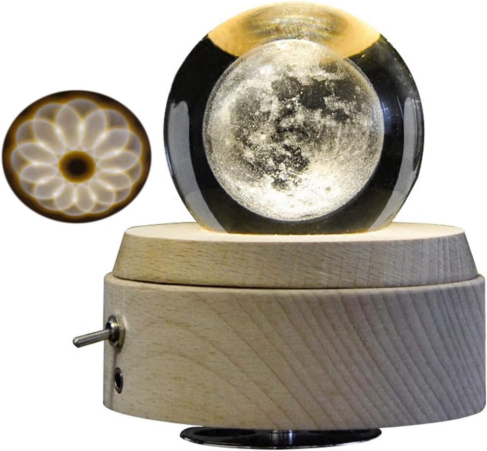 Amperer 3D Crystal Ball Music Box The Moon Luminous Rotating Musical Box with Projection LED Light and Wood Base Best Gift for Birthday Christmas (4# Moon)