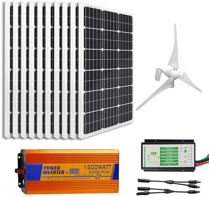 ECOWORTHY 1.4KW Wind Solar Hybrid System 10pcs 100W Mono Solar Panels