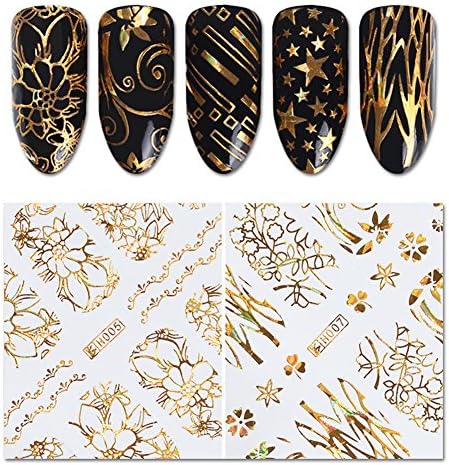 3 Sheet Holographic 3D Nail Stickers Wrap Laser Gold Flower Leaf Star Circle Full Nail Manicure