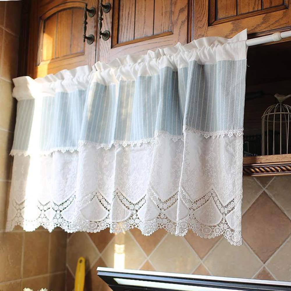 Amazon Com Short Curtain Cotton Linen Kitchen Window Curtain Valance Half Curtains With Hollow Crochet Lace Blue White Stripes Home Kitchen