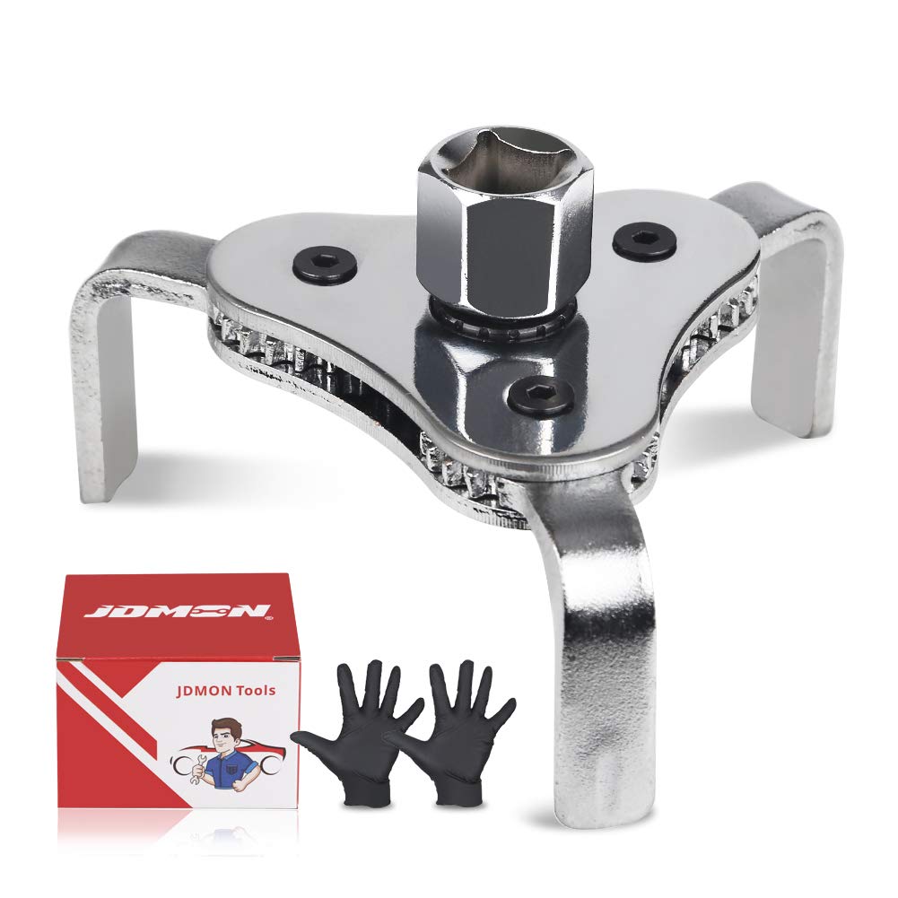 JDMON Universal Adjustable Oil Filter Wrench Range 2-1/2 inch from 4 inch 3 Leg Claw Oil Filter Wrench Remover with A Pair of Gloves