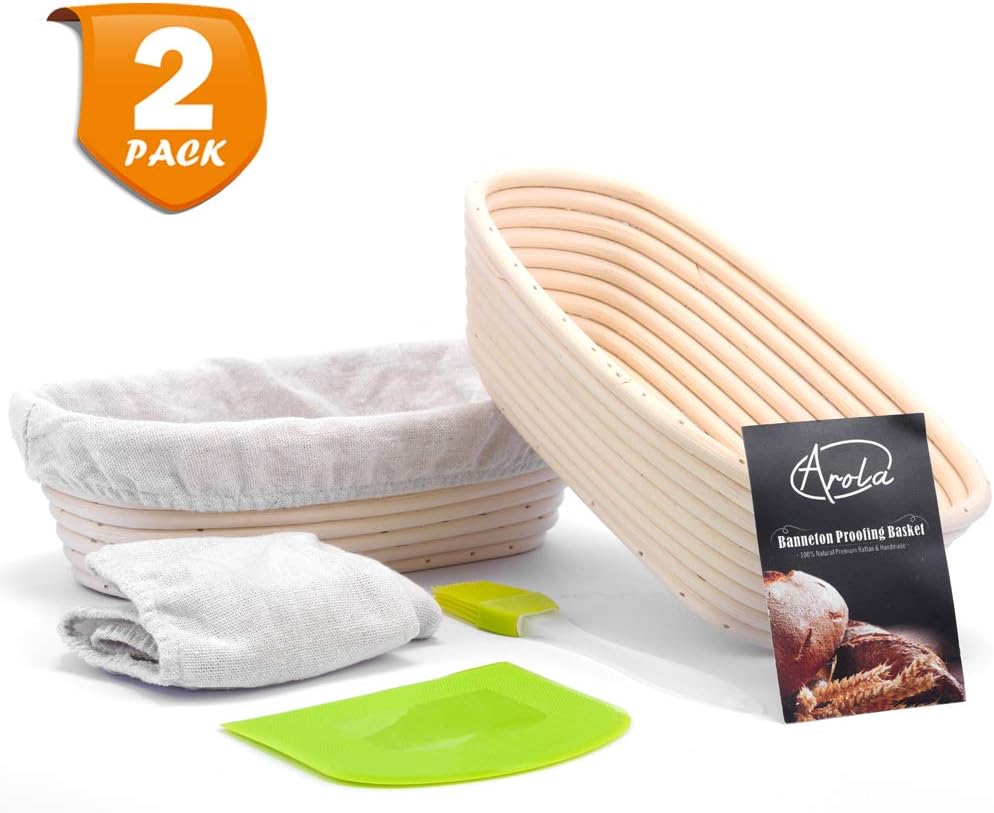 2 Pack 10 inch/25 cm Oval Bread Banneton Proofing Basket Kit,Handwoven Natural Rattan Cane Basket With Linen Liner Cloth+Dough Scraper+Silicon Brush,Baking Supplies for Home & Professional Bakers.