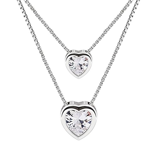 B.Catcher Doppelkette Herz Damen Halskette Anhänger 925 Sterling Silber Zirkonia Schmuck Weihnachtengeschenk für Damen/Frau/F