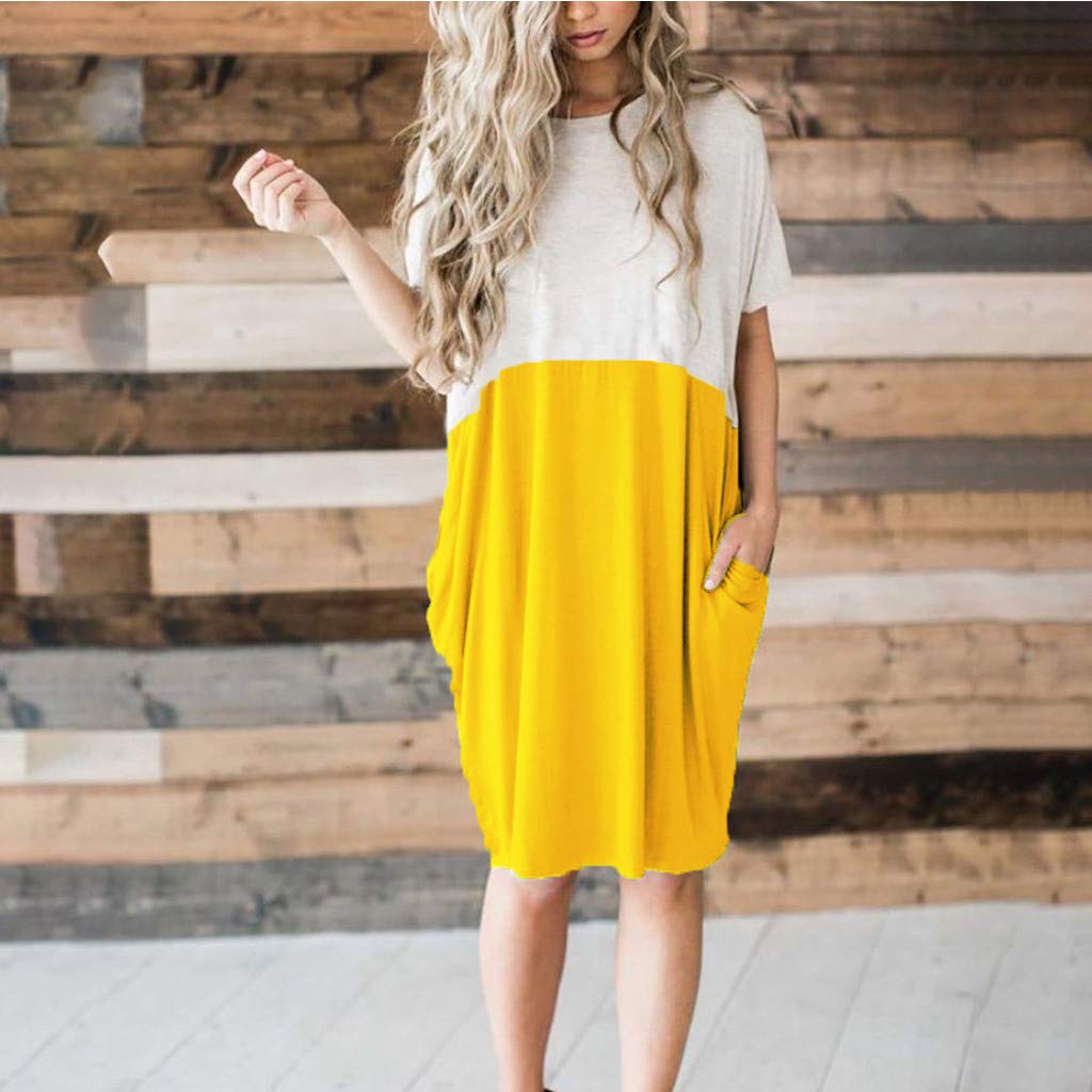 POTO Women Dresses, Loose Color Stitching Casual Dresses with Pockets Cotton Linen Tunic Dress Party Dress Beach Dress