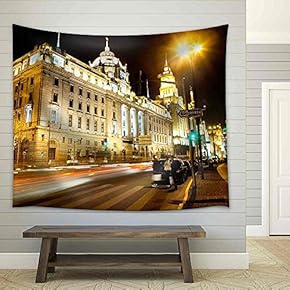 Moving Car with Blur Light Through City at Night - Fabric Wall Tapestry Home Decor - 51x60 inches