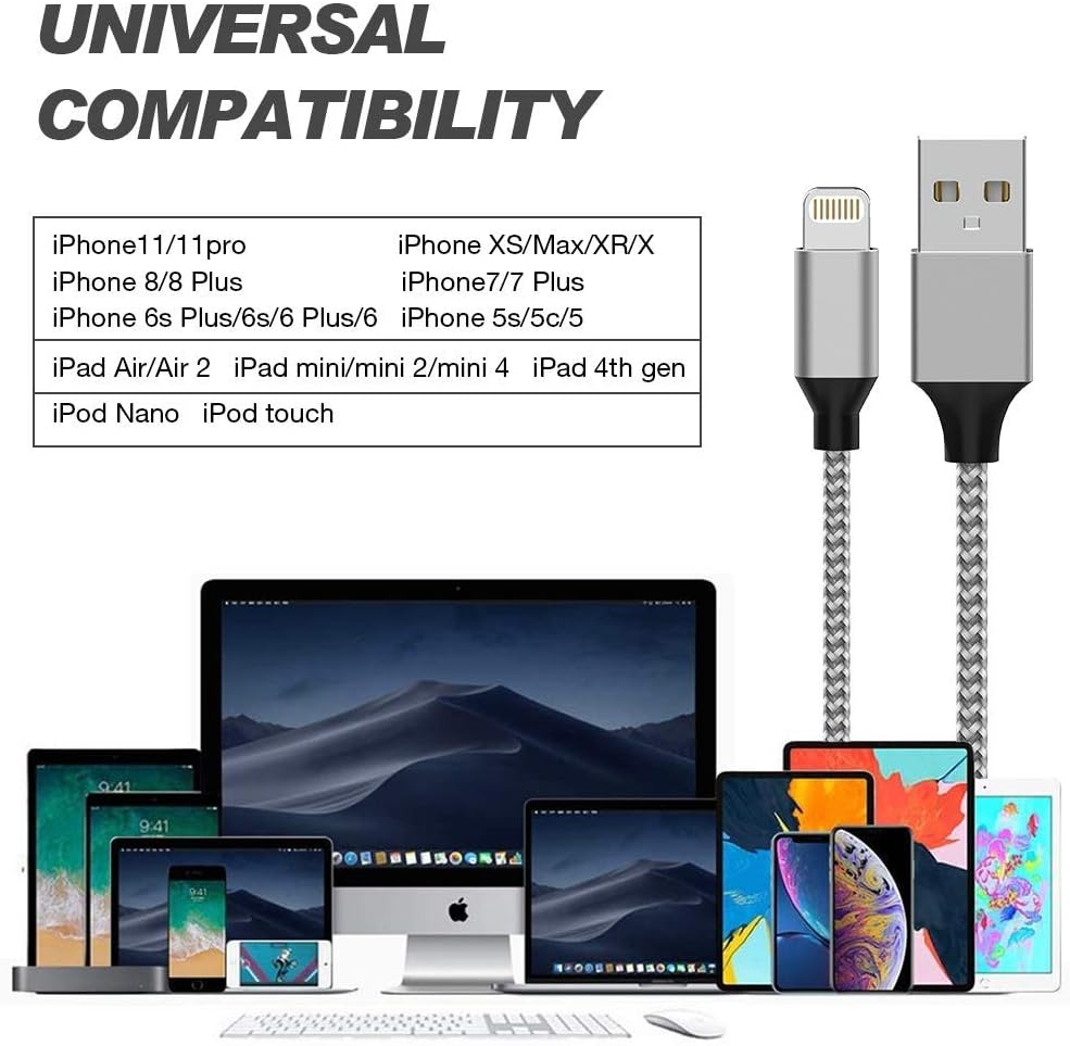 HOVAMP MFi Certified 6Pack[3/3/6/6/6/10ft] Nylon Braided iPhone Charger Lightning Cable Fast Charging&Syncing Long Cord Compatible iPhone 11Pro Max/11Pro/11/XS/Max/XR/X/8/8P/7 and More-Silver&White