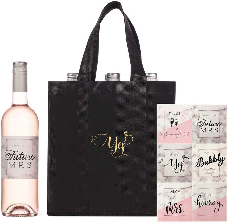 "She Said Yes" 6-Bottle Wine Tote Bag with Label Stickers - Customize Your Favorite Wine Bottles for Bachelorette and Wedding Parties