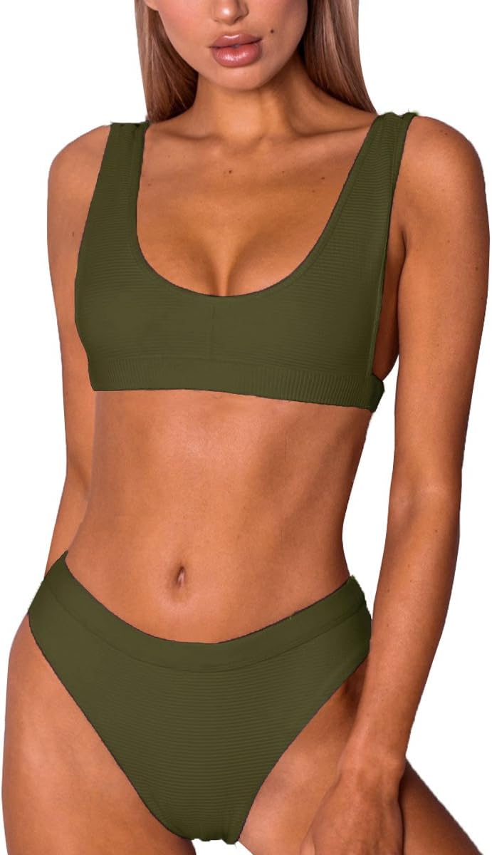 Jennyarn Womens Active Bathing Sut Brazilian Empired Waist Scoop Neck Bikini Sets Green S