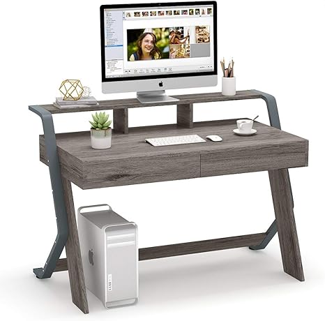 Amazon Com Tribesigns Computer Desk With 2 Storage Drawers 47 Inch Writing Desk With Monitor Stand Riser Vintage Rustic Office Desk Computer Table Stuying Workstation For Home Office Kitchen Dining