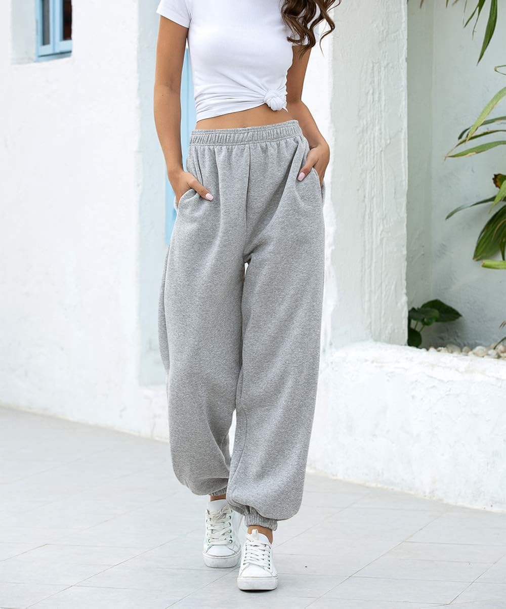 Meladyan Women's Solid Baggy Joggers Sweatpants Elastic High Waist Active Pants with Two Pockets: Clothing