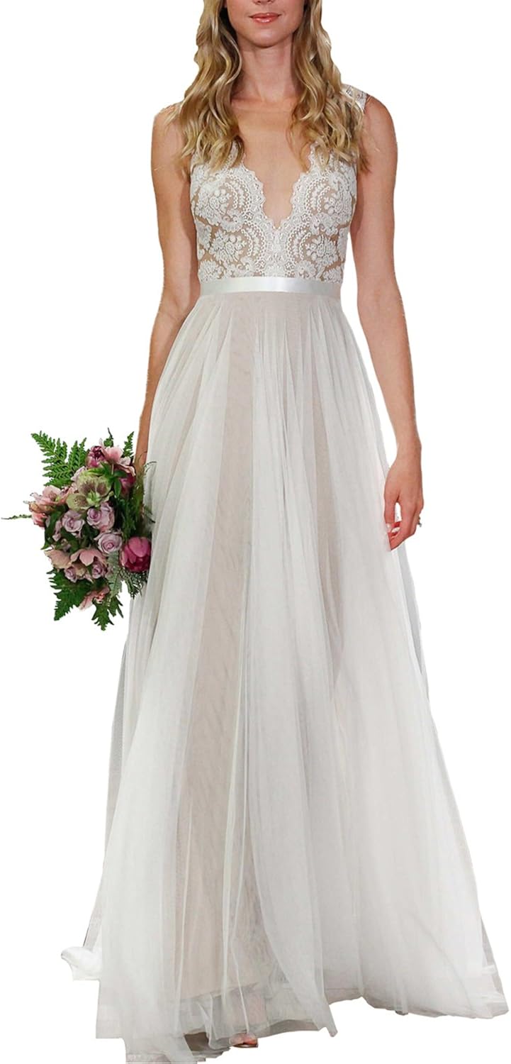 Izanoy Damen Strand Hochzeitskleid V-Ausschnitt Spitze ...