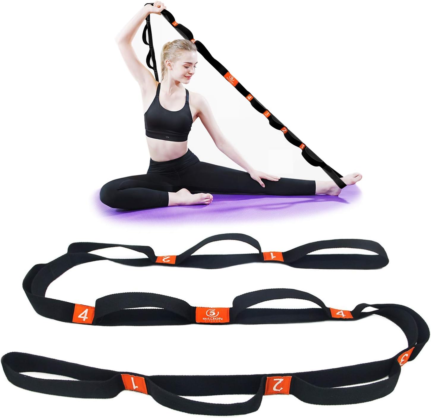 5BILLION Stretch Assist Strap - 180 x 4cm - Inelastic Flexibility Stretch Strap with 8 Loops - Ideal for Yoga, Dance, Physical Therapy Rehab, Greater Fitness Workout