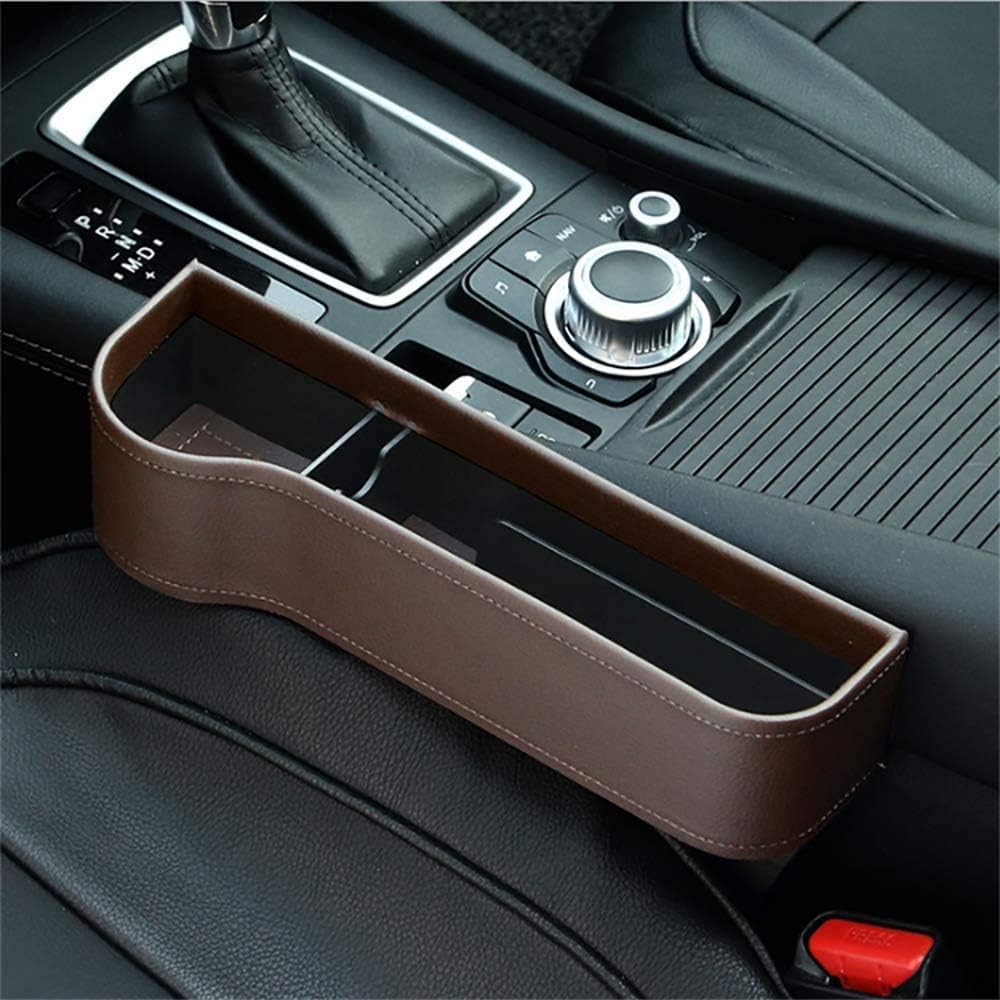 Center Console Side Pocket, PU Leather Car Seat Gap Filler Organizer Catcher with Cup Holder, Pack of 1 (Brown)