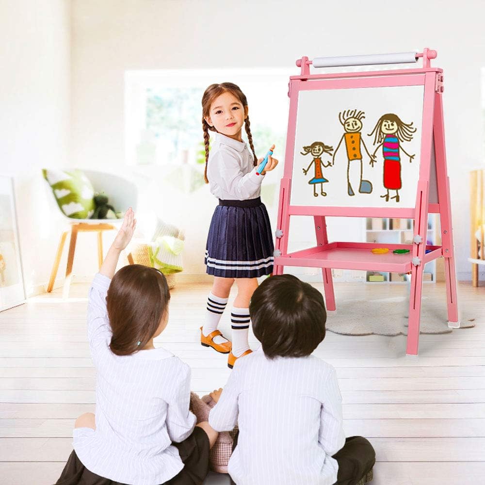 BeebeeRun 3 in 1 Wooden Kids Easel Double-Sided Drawing Board Whiteboard & Chalkboard Dry Easel with Drawing axis & Paper Roll, Numbers, Paint Cups for Writing Kids Boys Girls (Pink): Home & Kitchen