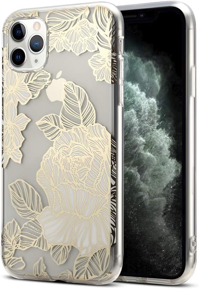 AHTONG Compatible with iPhone 11 Pro MAX Case, Clear Shiny Gold Foil Roses Flower Design for Girls Flexible TPU Bumper Soft Rubber Silicone Cover Phone Case for iPhone 11 Pro MAX(6.5 inch)