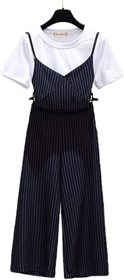 Amazon エージョン レディース セットアップ 夏服 半袖 シャツ 大きいサイズ ゆったり ガウチョパンツ ワイドパンツ 七分丈 ストライプ プリーツパンツ ファッション パンツスーツ 通販