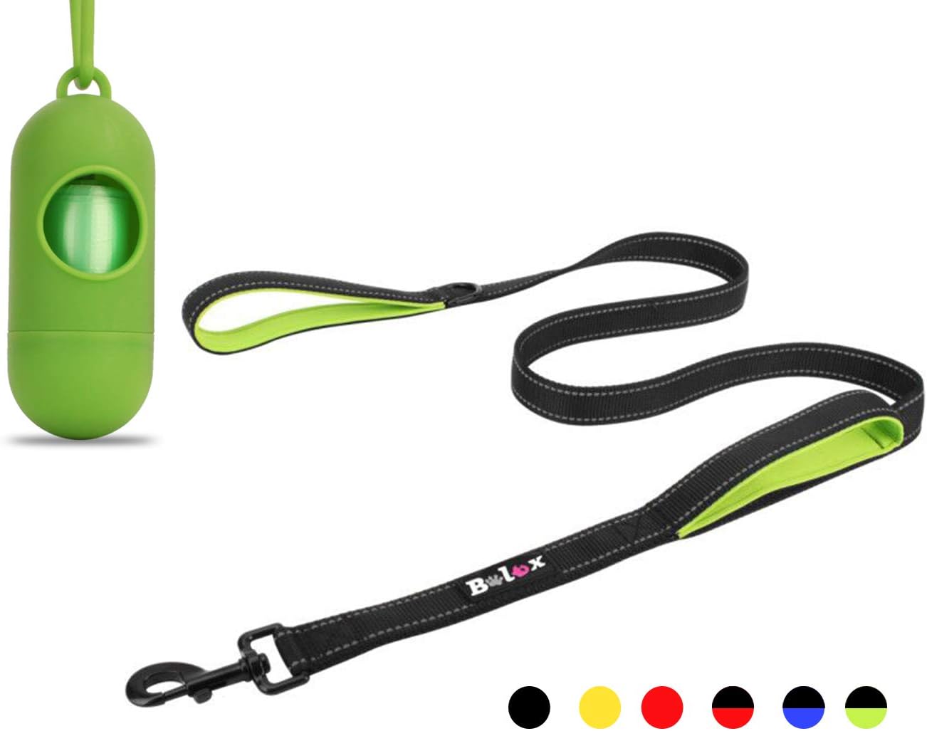 Bolux 5ft Dog Leash, Heavy Duty Rope Leash with 2 Padded Handle – Pet Training Lead with 3M Reflective Double Handle for Traffic Control Safety, Perfect for Large Medium or Small Dog (Black+Green)