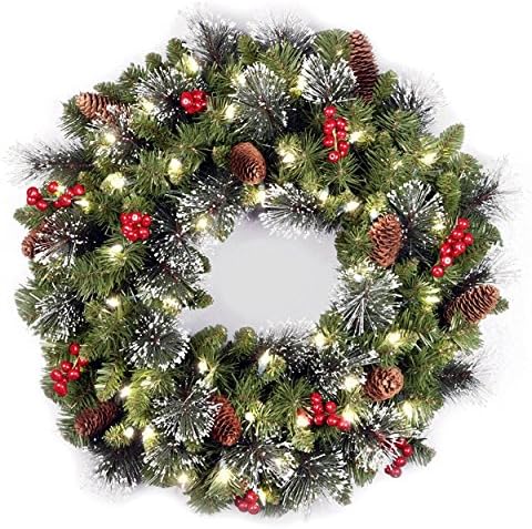 Pre-Lit 24" Fire Resistant Christmas Glitter Wreath 50 LED Lights with Silver Bristle