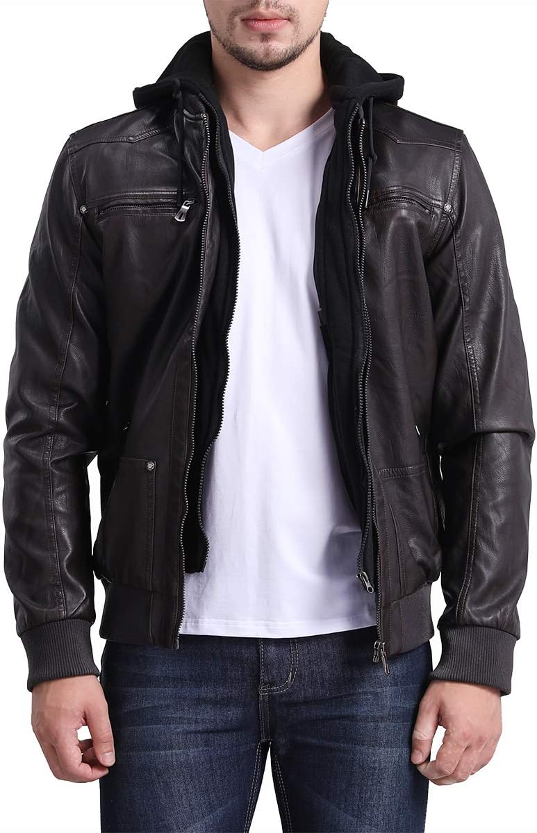 Men's Faux Leather Jacket Casual Quilted Warm Jacket Detachable Hood Coat