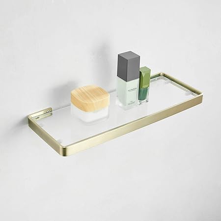 Glasablage mit Reling aus Gebürstetes Gold, Wandablage für das Badezimmer aus Glas und Edelstahl, 45 cm