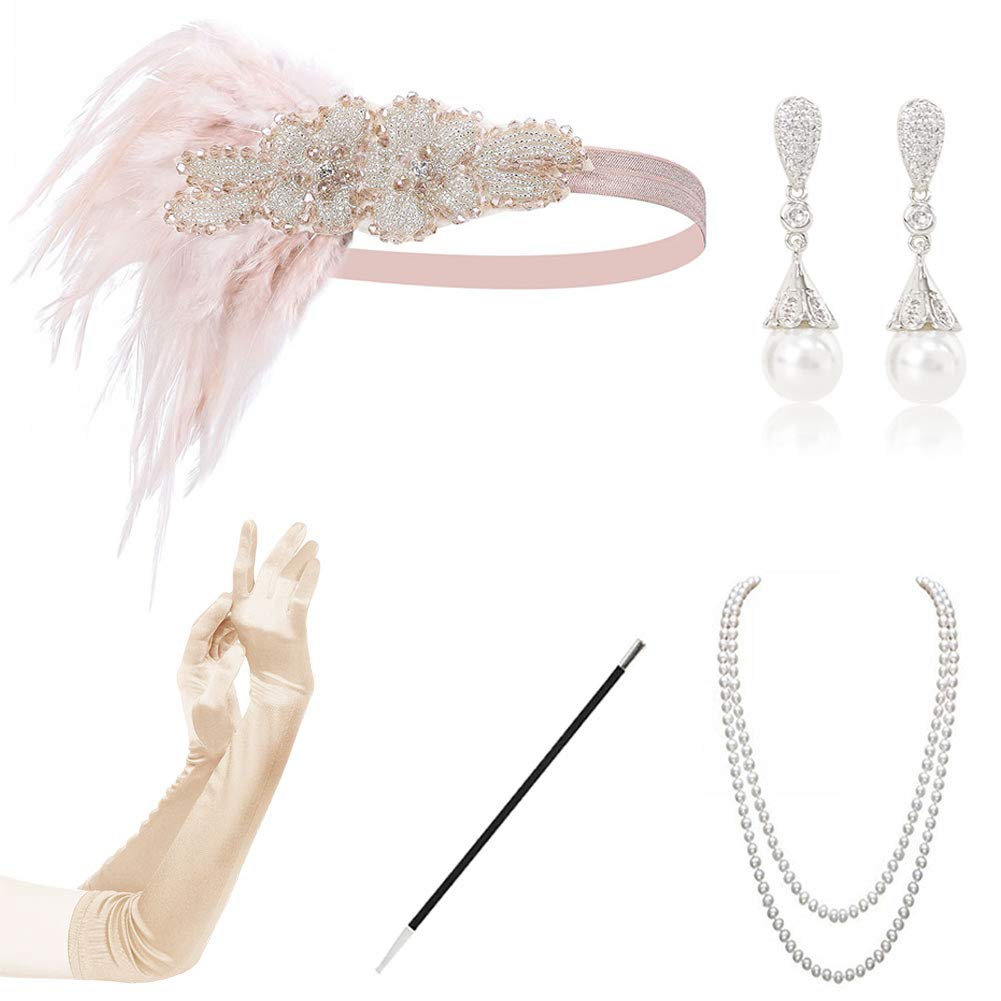 1920 Accessories Set - 1920s Flapper Gatsby Costume Accessories Set Vintage Headband Earrings Necklace Gloves Cigarette Holder Flapper Set for Party Dance